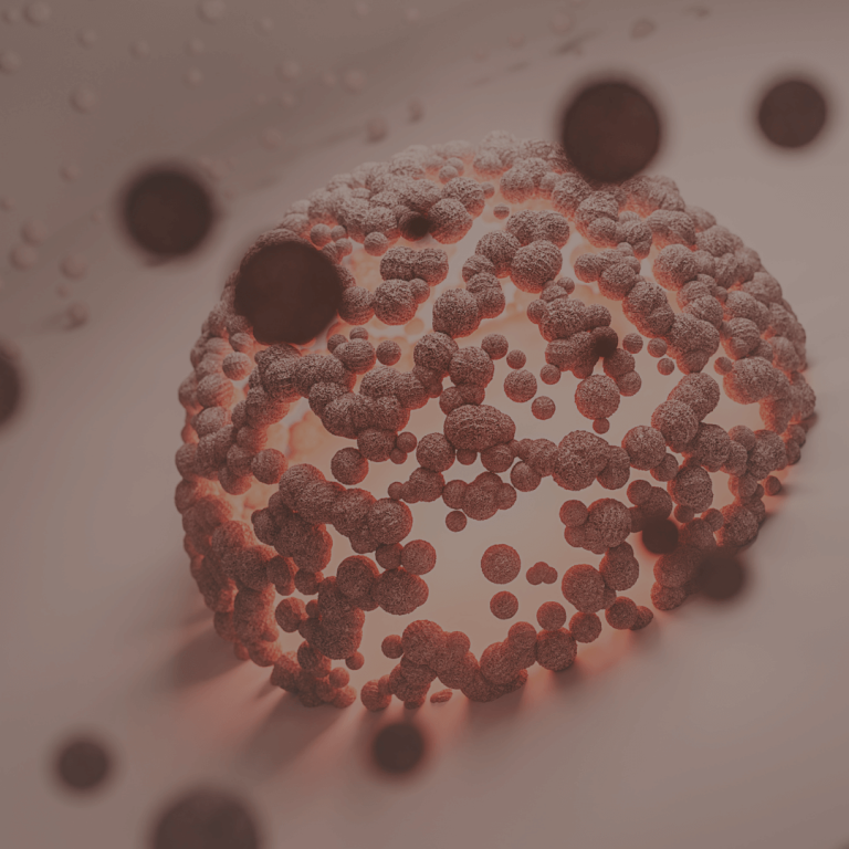 Abstract sphere covered in clustered, floating particles.